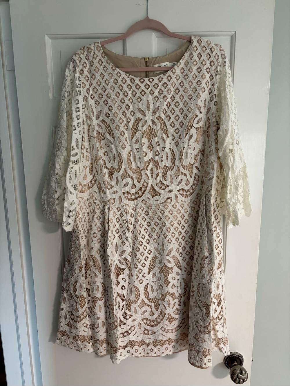 Eliza J Ivory Lace Overlay Wedding Dress with Nude Lining